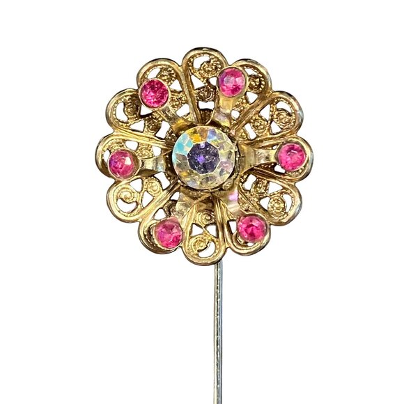 Vintage 60s Gold Tone AB Pink Rhinestone 3D Flower Stick Pin Retro Brooch 3.5” - Picture 8 of 10